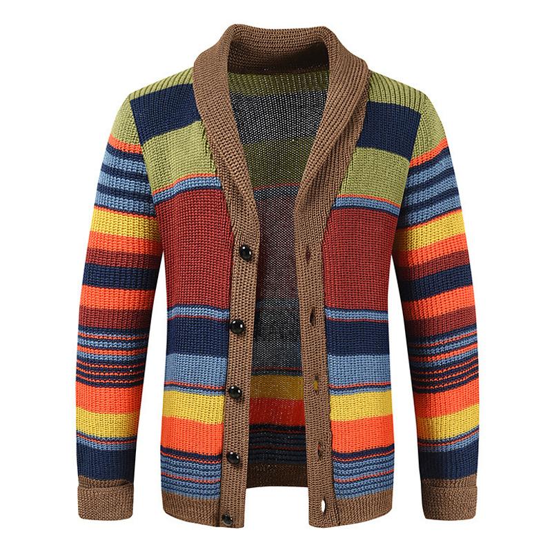 Men's Shawl Collar Cardigan Stylish Knit Retro Color Block with Button Placket 0