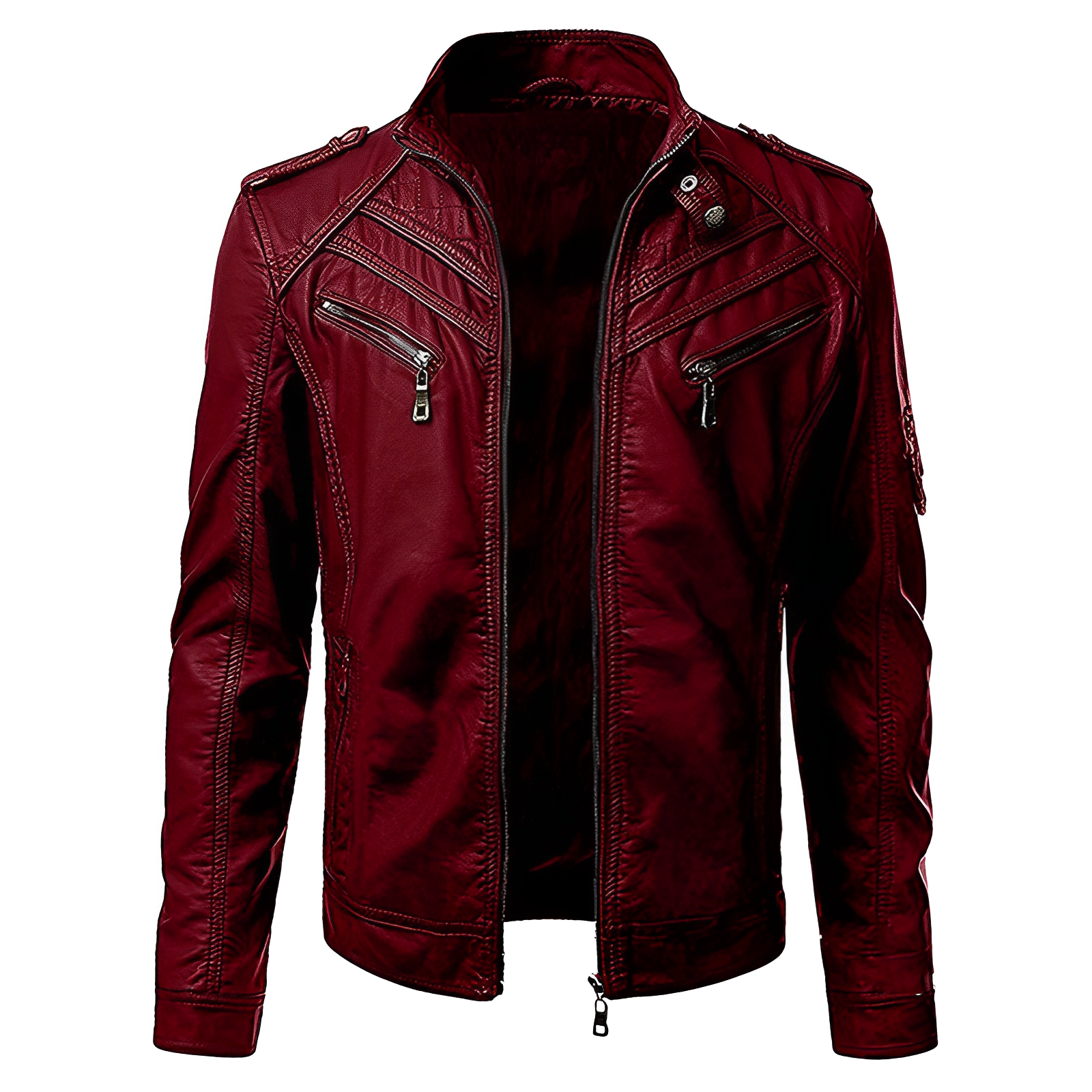 Men's Slim Fit Leather Jacket with Zip Pockets and Stand Collar 2