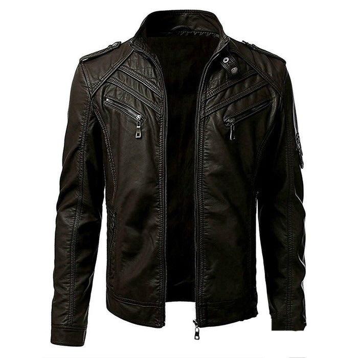 Men's Slim Fit Leather Jacket with Zip Pockets and Stand Collar 4