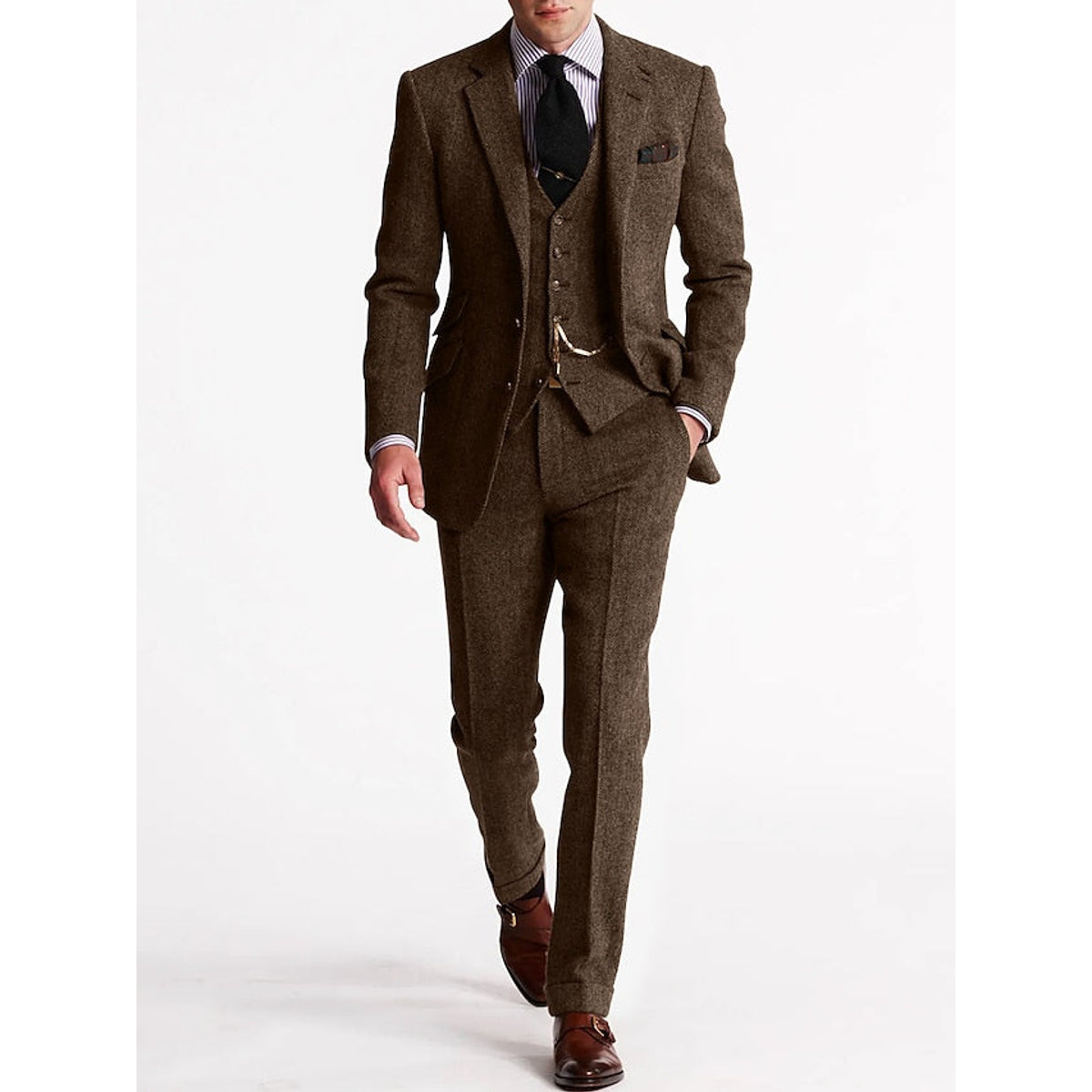 Men's Three-Piece Tweed Tuxedo Suit Set for Weddings and Formal Events 2