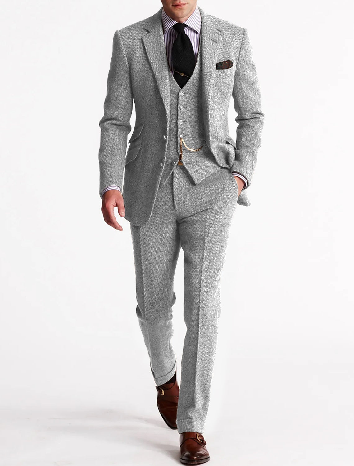 Men's Three-Piece Tweed Tuxedo Suit Set for Weddings and Formal Events 3
