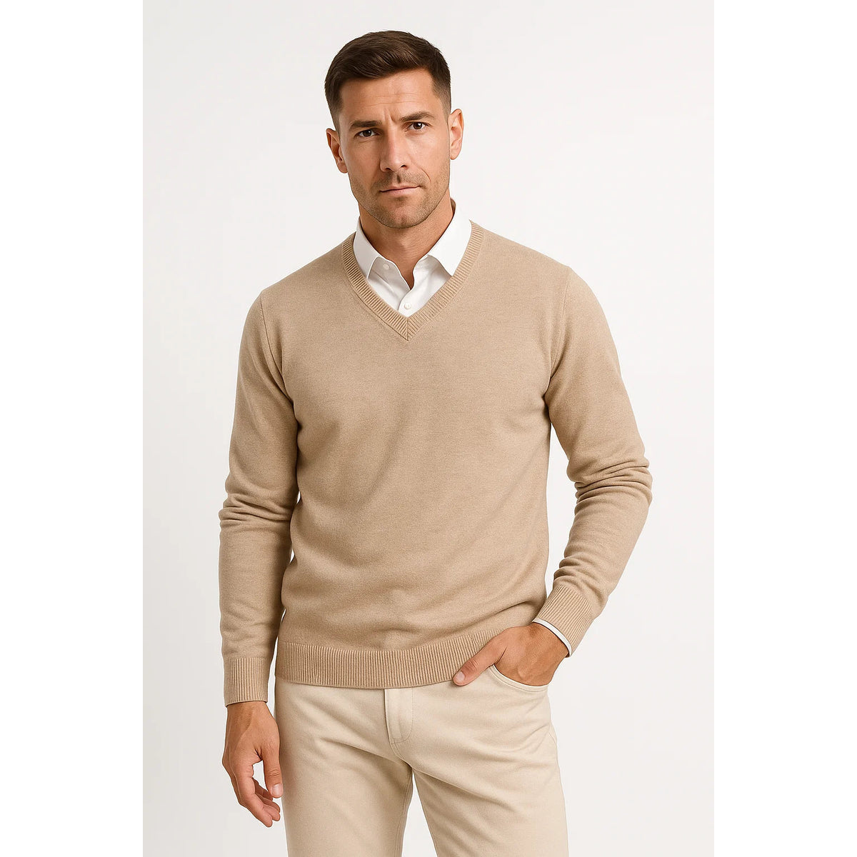 Men's V Neck Slim Fit Sweater Elegant Wool Design Casual Versatile 2