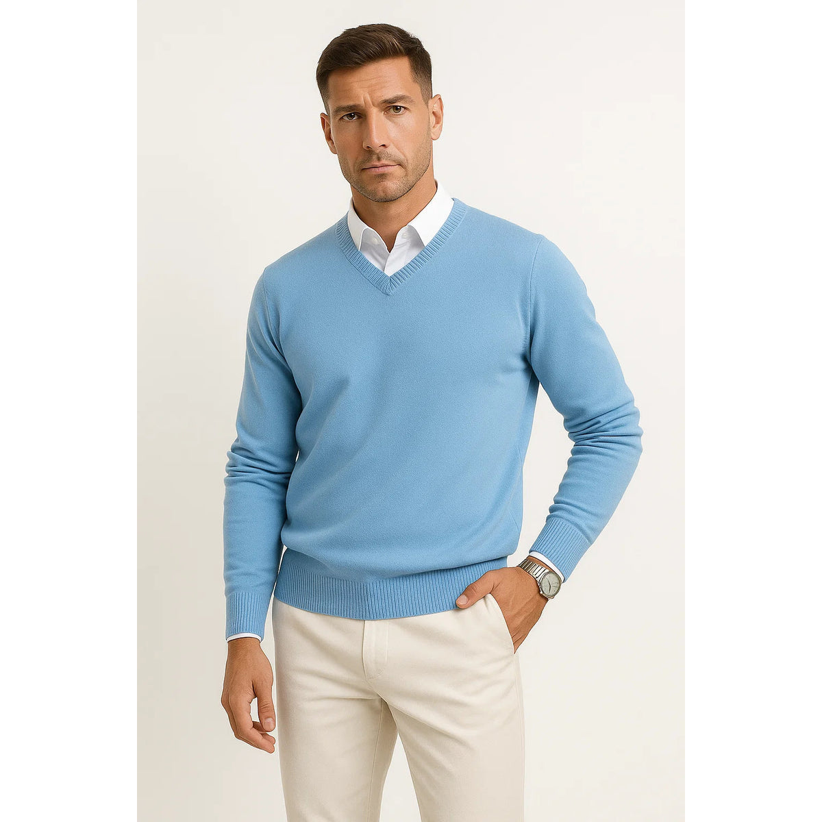 Men's V Neck Slim Fit Sweater Elegant Wool Design Casual Versatile 3