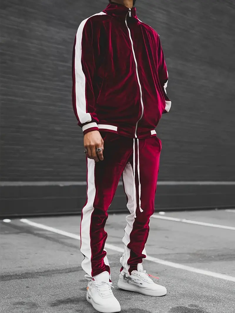 Men's Velvet Tracksuit 2-Piece Set Zipper Drawstring Comfort Casual Style 5