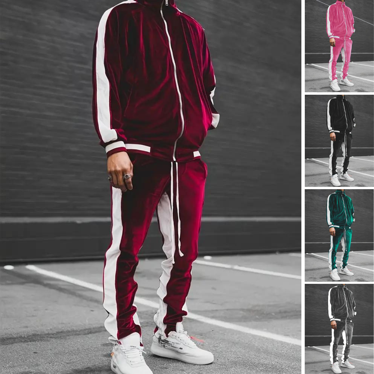 Men's Velvet Tracksuit 2-Piece Set Zipper Drawstring Comfort Casual Style 6