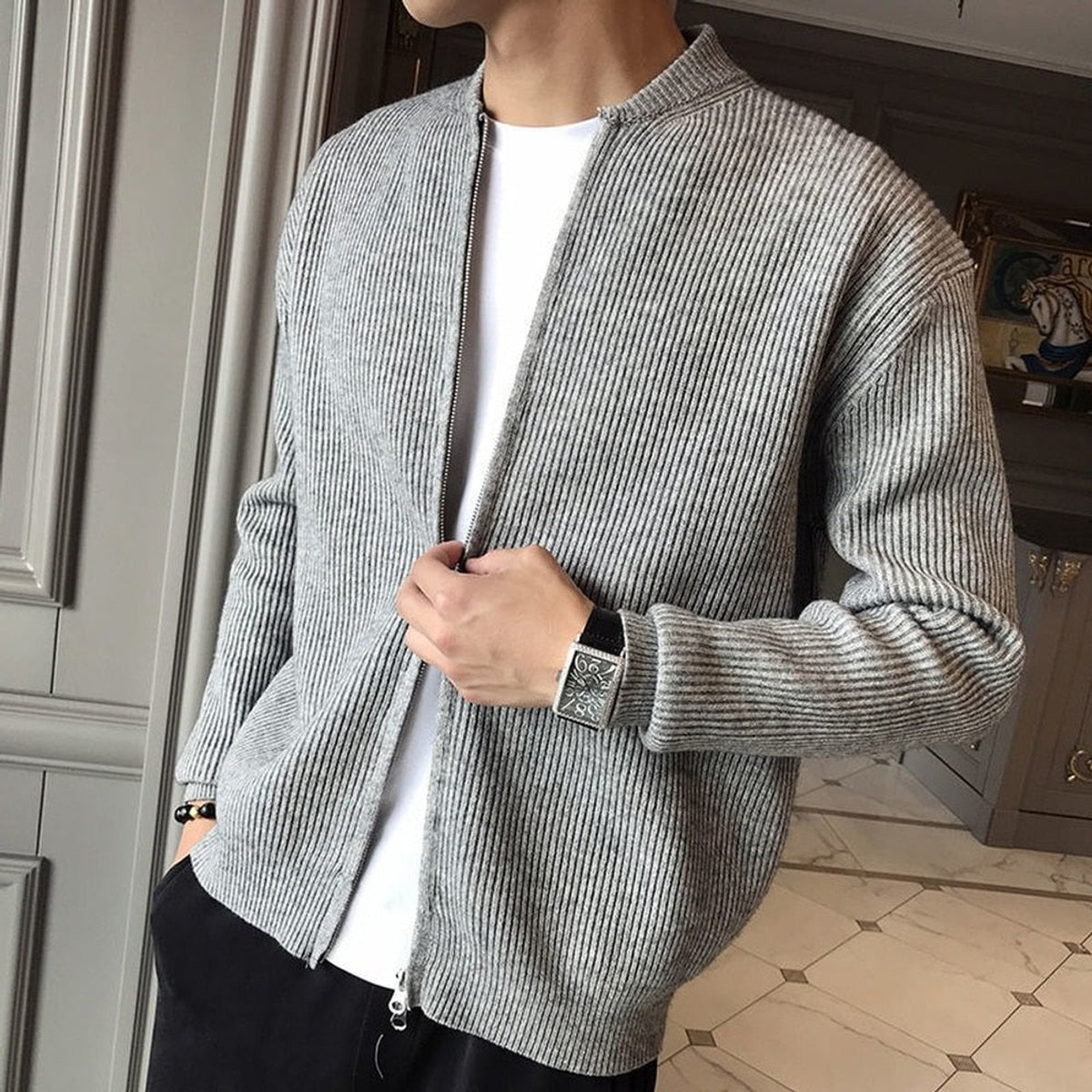 Men's Zip-Up Cardigan Sweater Black Ribbed Stylish Essential 0