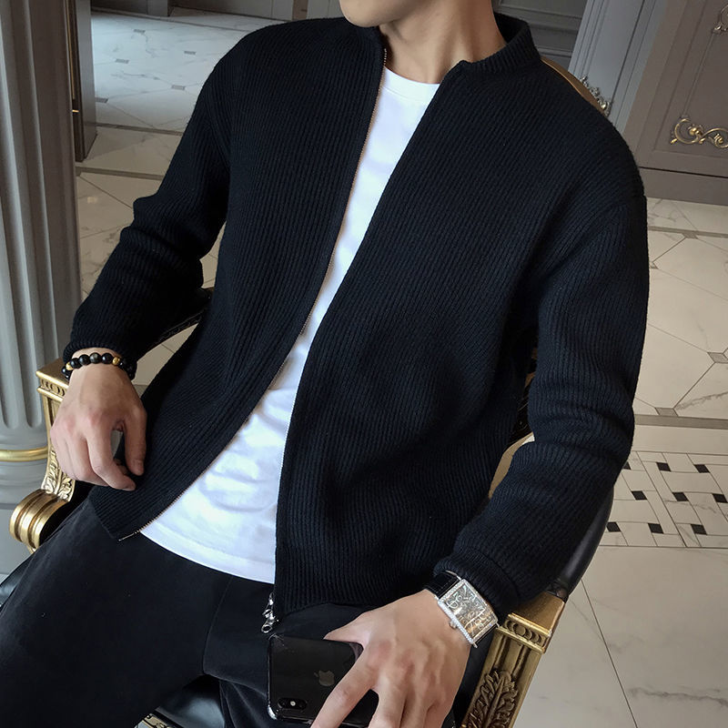 Men's Zip-Up Cardigan Sweater Black Ribbed Stylish Essential 2
