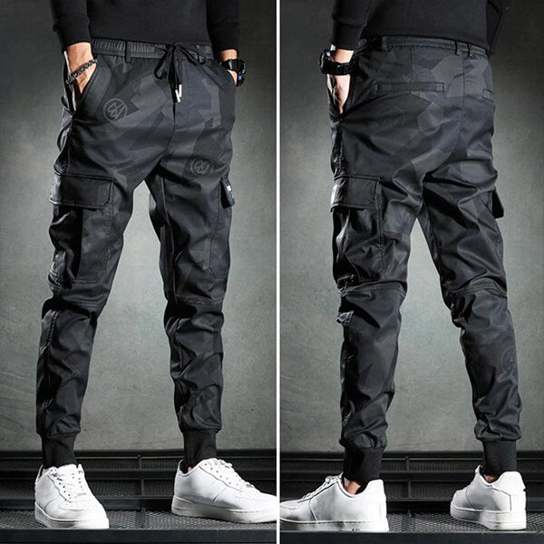 Mens Black Cargo Pants - High Waist, Adjustable Drawstring, Utility Pockets 2