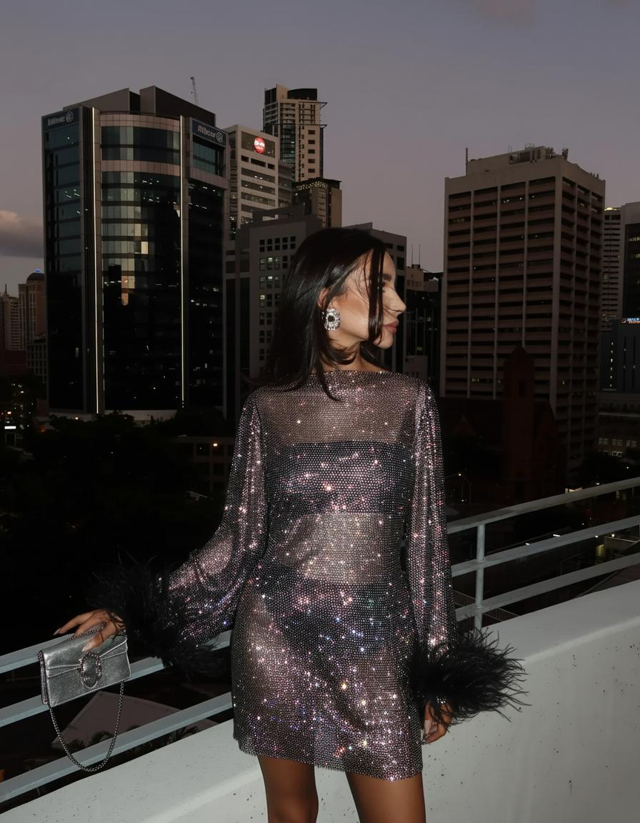 Metallic Cocktail Dress Mini with Feather Accents for Evening Elegance 0