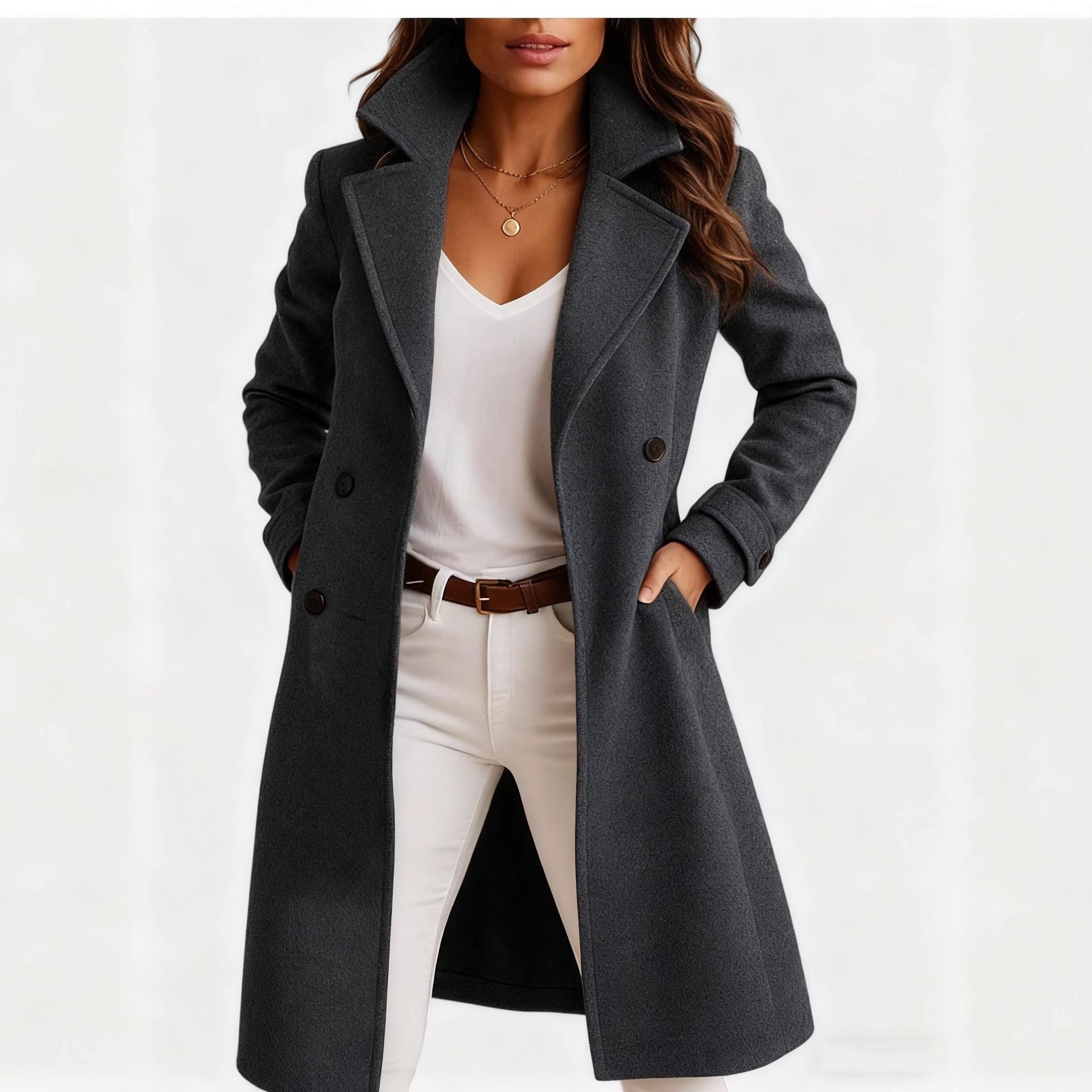 Mid Length Wool Coat Women Elegant Autumn Winter Fashion Classic 2