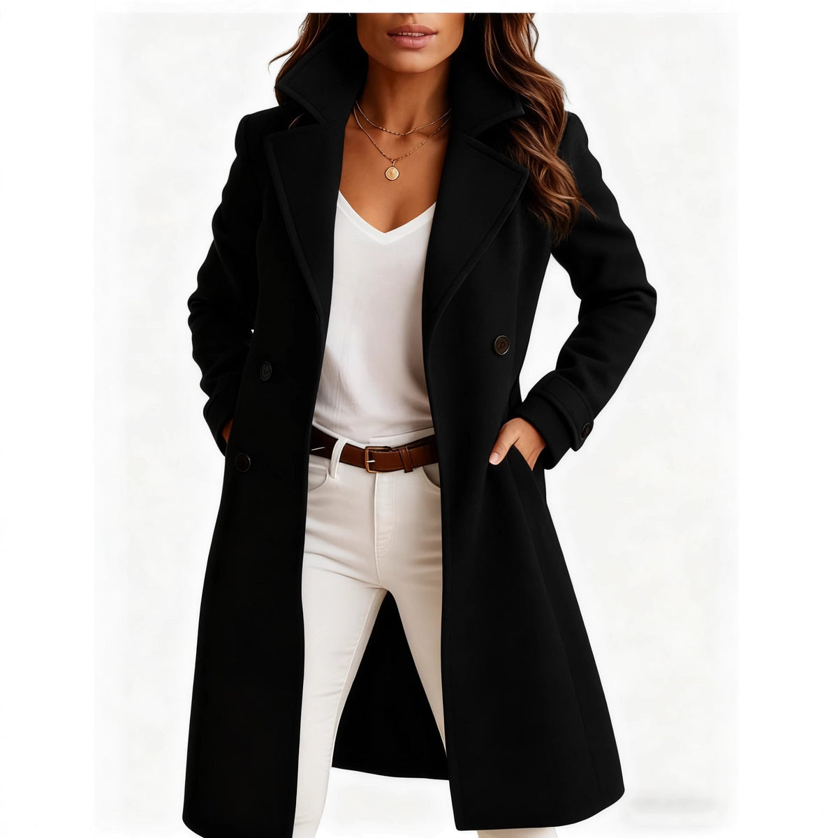 Mid Length Wool Coat Women Elegant Autumn Winter Fashion Classic 3