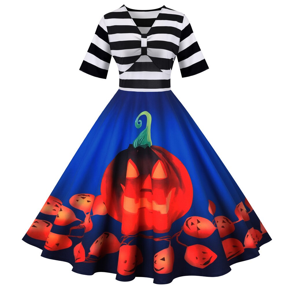 Midi Dress Pumpkin Print Halloween Costume Stylish Autumn Look 0