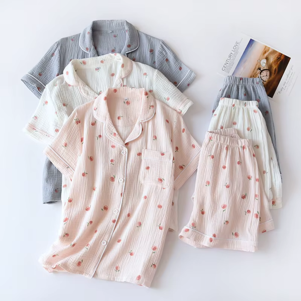 Muslin Cotton Pajamas Women Lightweight Summer Sleepwear Set Peach Print 1