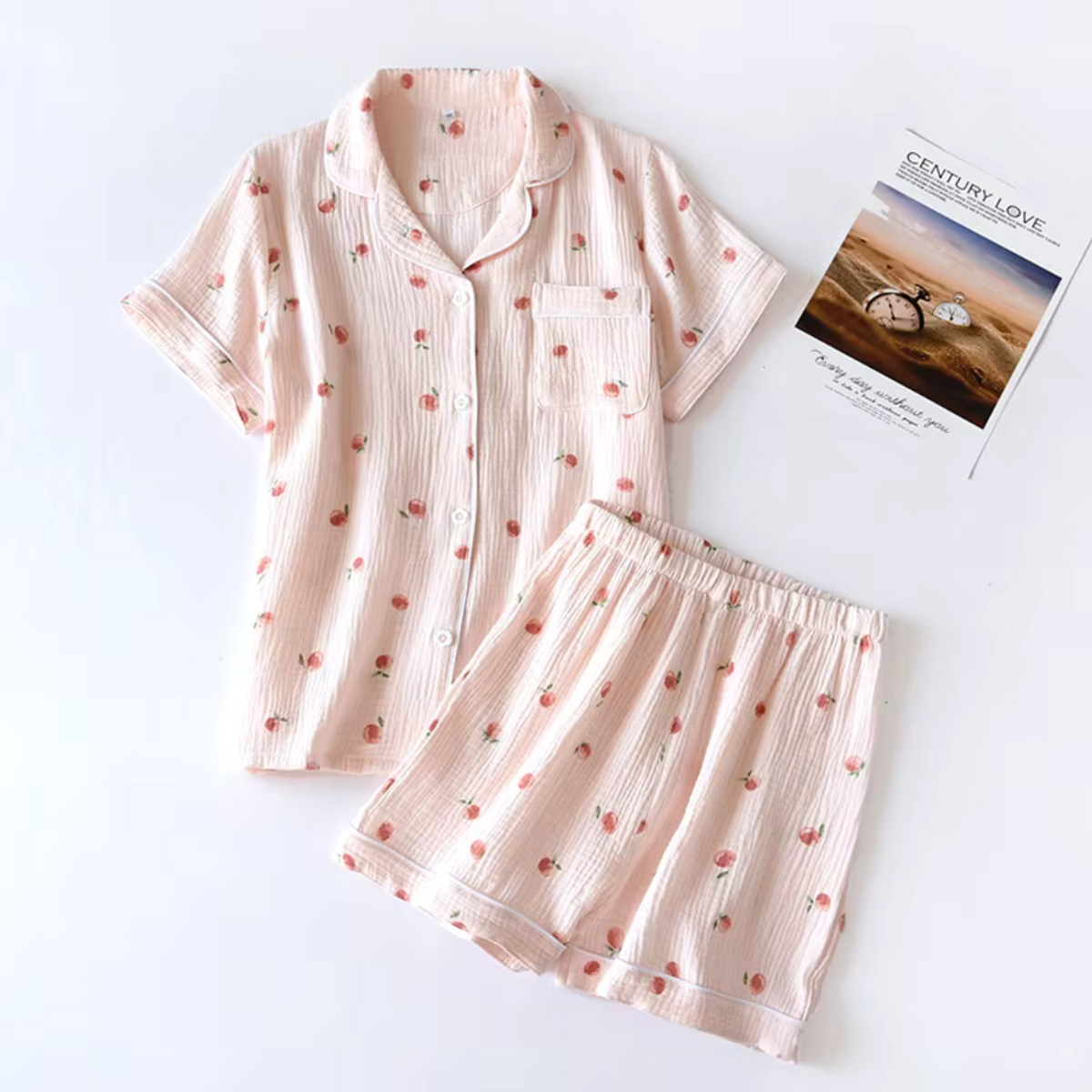 Muslin Cotton Pajamas Women Lightweight Summer Sleepwear Set Peach Print 10