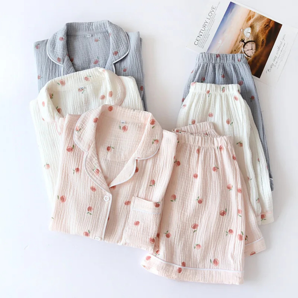 Muslin Cotton Pajamas Women Lightweight Summer Sleepwear Set Peach Print 2