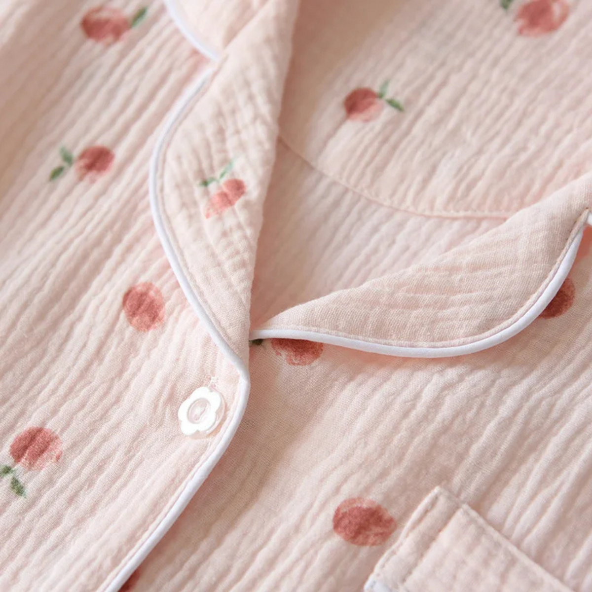 Muslin Cotton Pajamas Women Lightweight Summer Sleepwear Set Peach Print 3