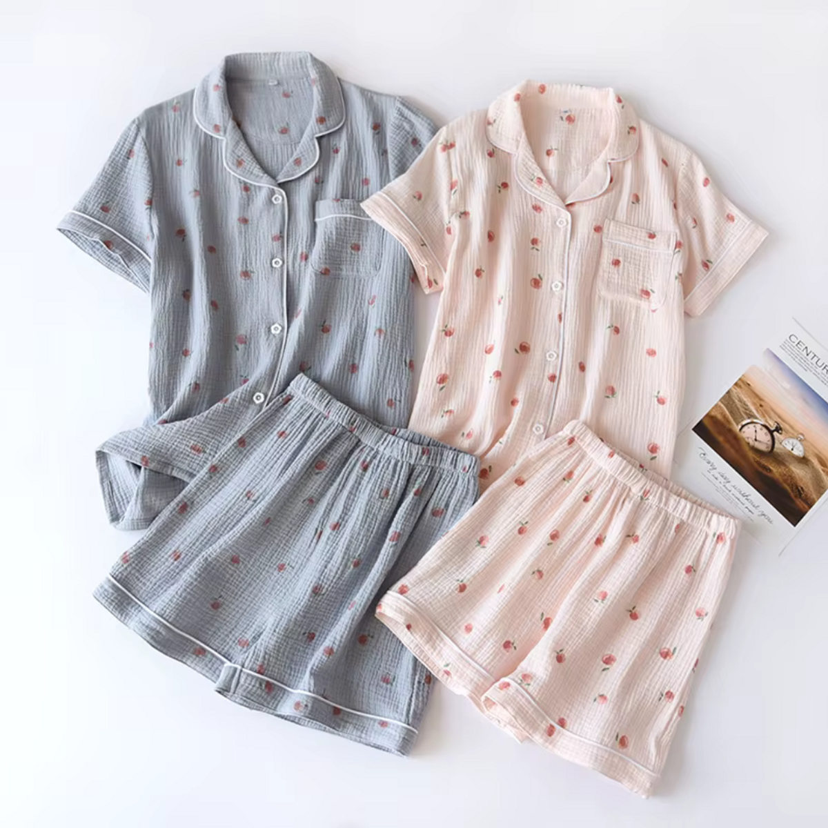 Muslin Cotton Pajamas Women Lightweight Summer Sleepwear Set Peach Print 8