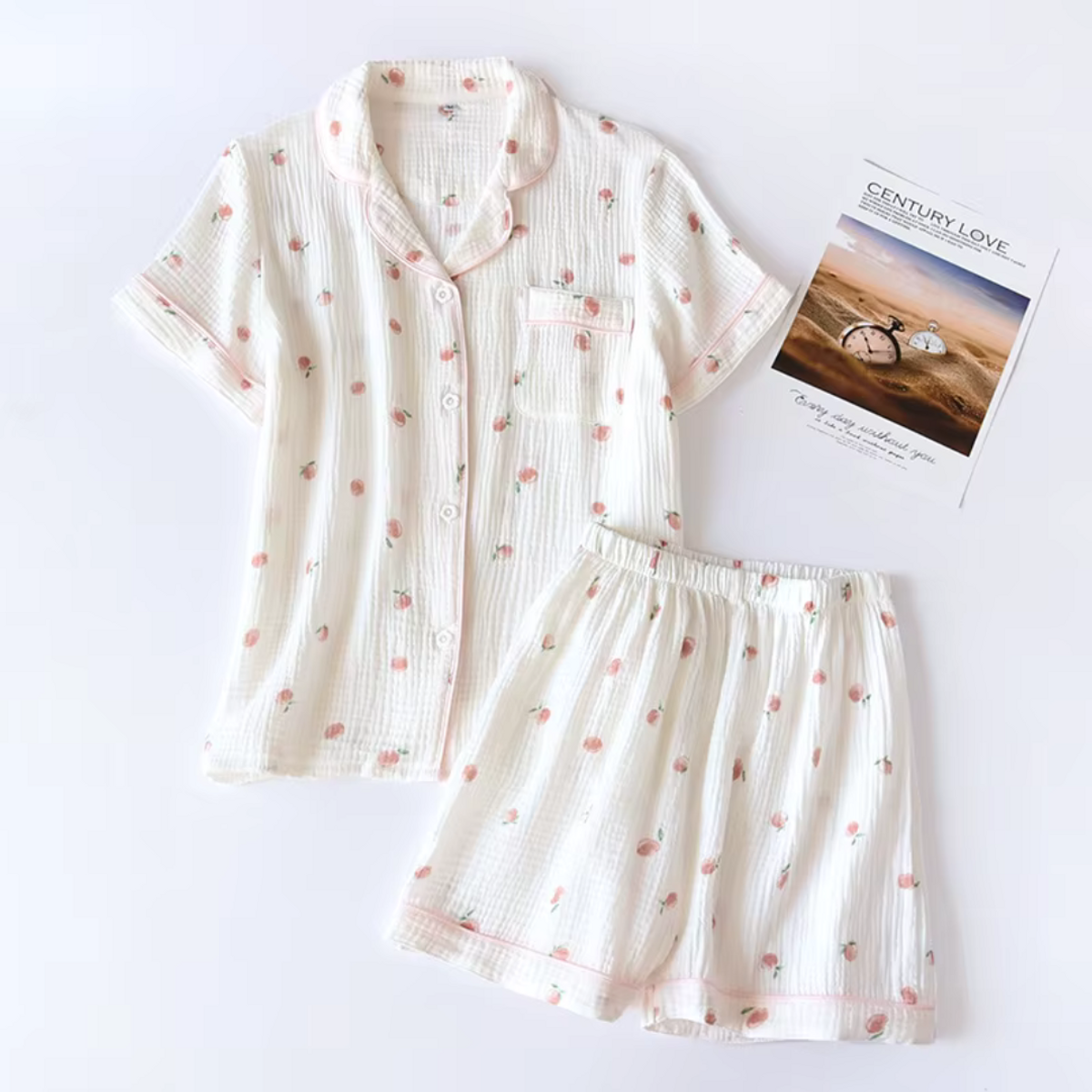 Muslin Cotton Pajamas Women Lightweight Summer Sleepwear Set Peach Print 9