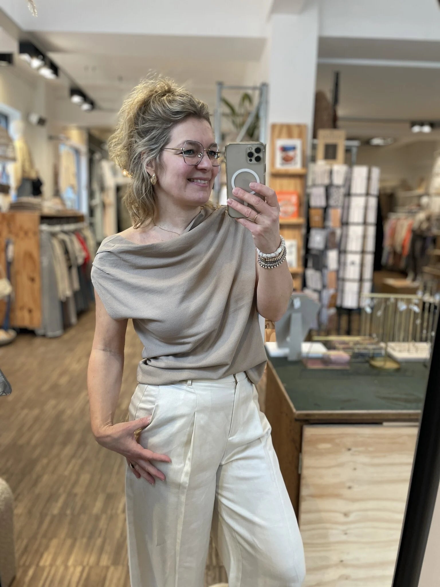 Off Shoulder Top Women Taupe Relaxed Fit Stretch Fabric Chic 0