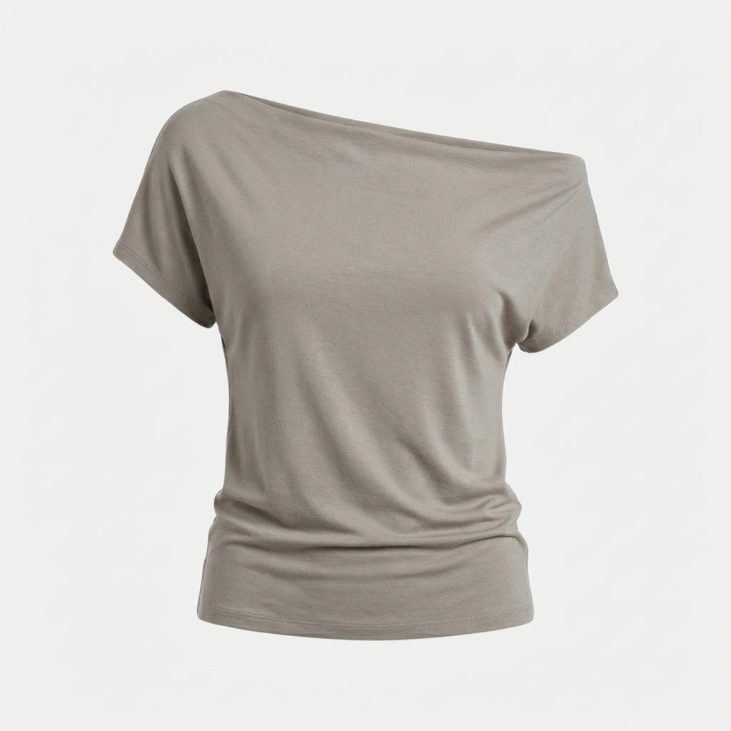 Off Shoulder Top Women Taupe Relaxed Fit Stretch Fabric Chic 1