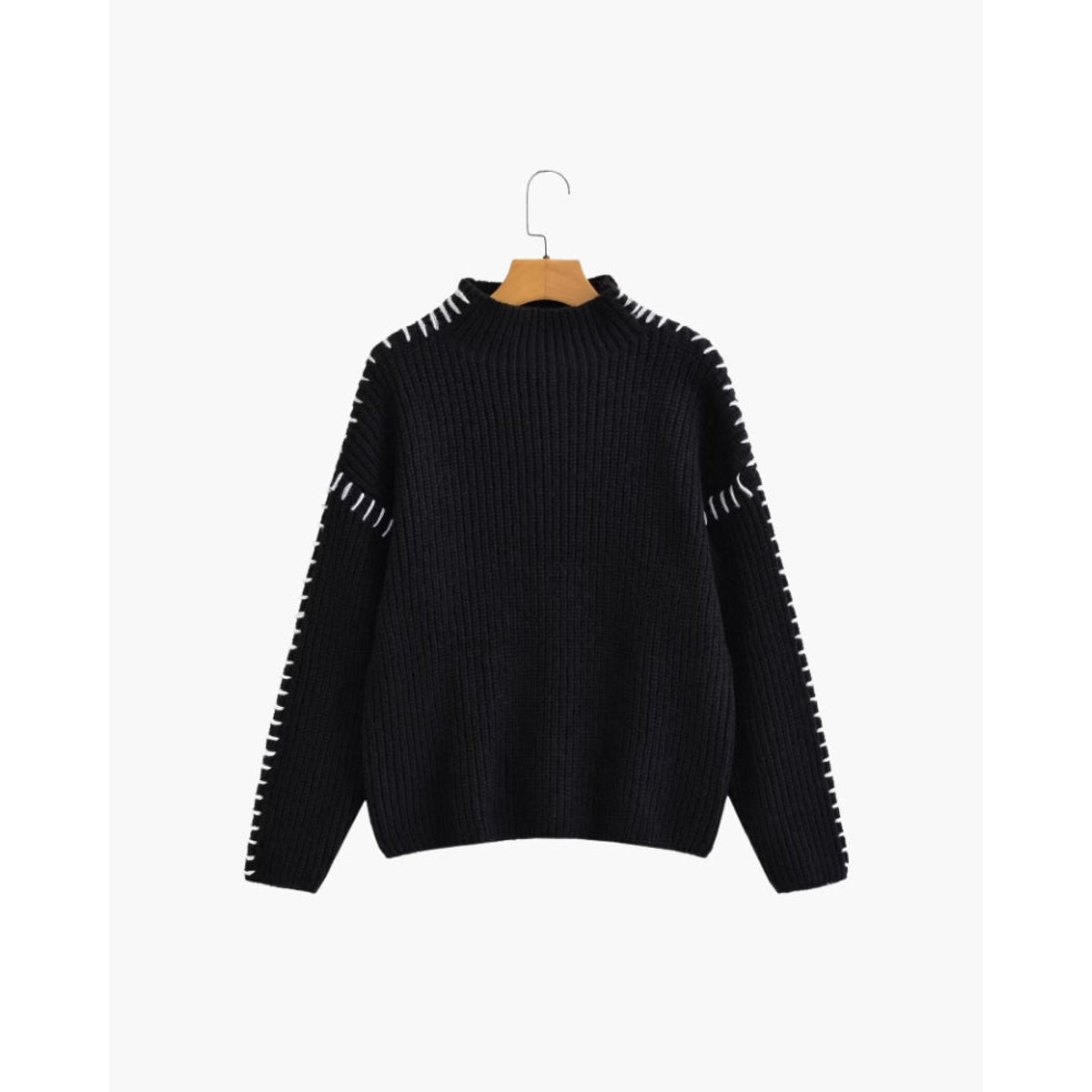 Oversized Black Sweater for Women White Stitch Detailing Casual Chic 0