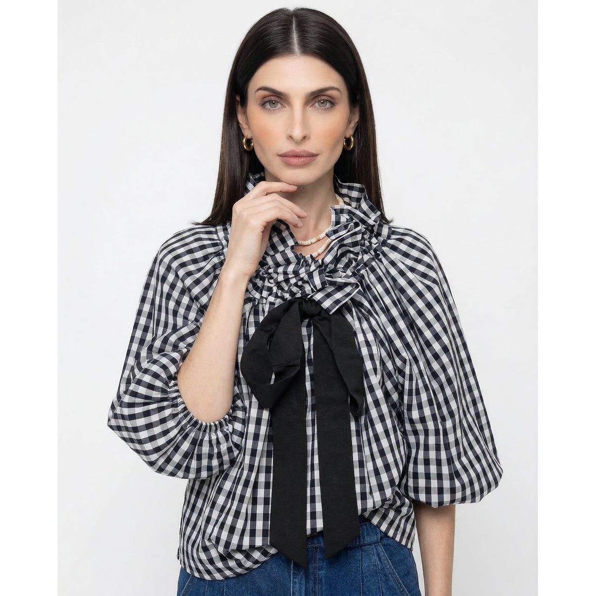 Oversized Cotton Blouse with Ruffled Collar and Bow Tie Women's Chic 0
