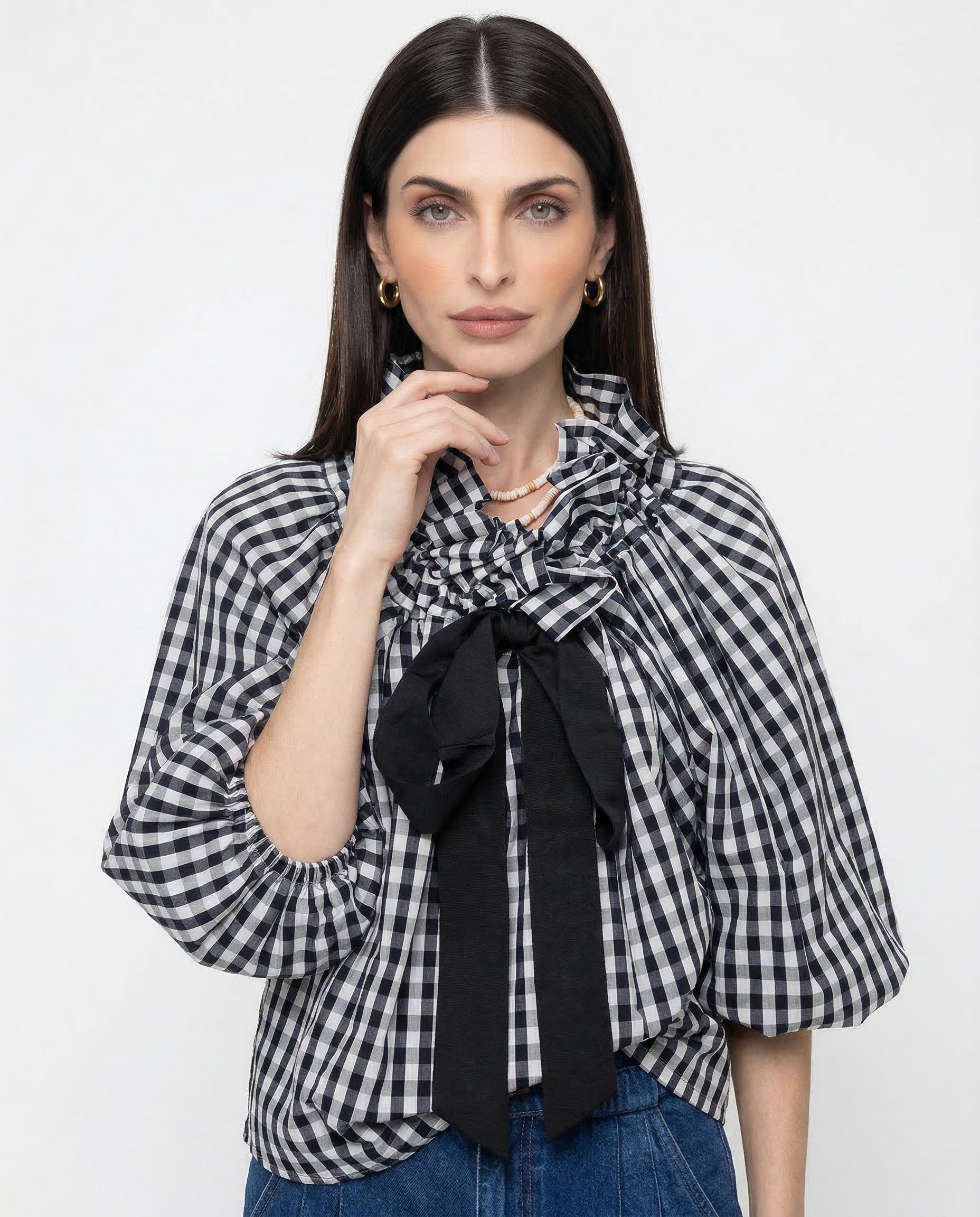 Oversized Cotton Blouse with Ruffled Collar and Bow Tie Women's Chic 0