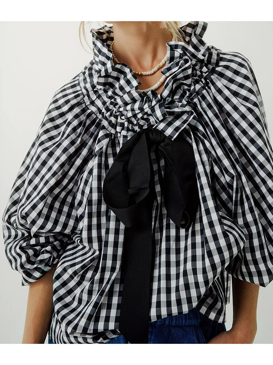 Oversized Cotton Blouse with Ruffled Collar and Bow Tie Women's Chic 1