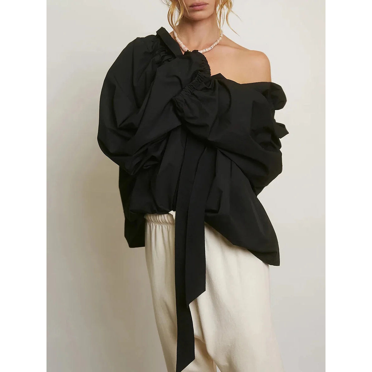 Oversized Cotton Blouse with Ruffled Collar and Bow Tie Women's Chic 10