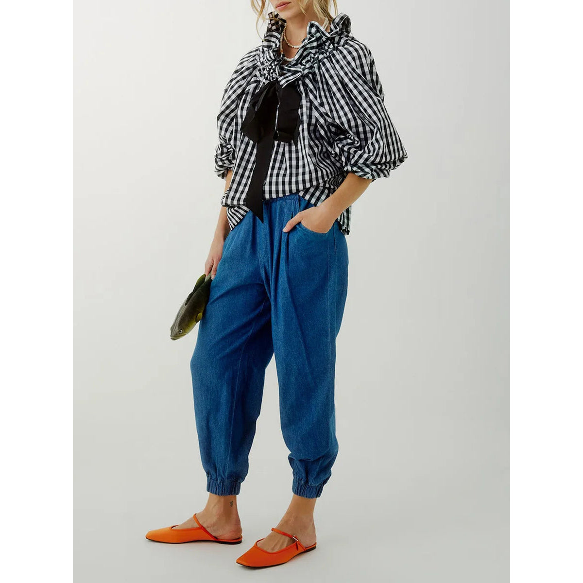 Oversized Cotton Blouse with Ruffled Collar and Bow Tie Women's Chic 2