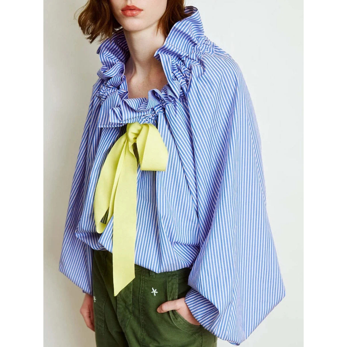 Oversized Cotton Blouse with Ruffled Collar and Bow Tie Women's Chic 5