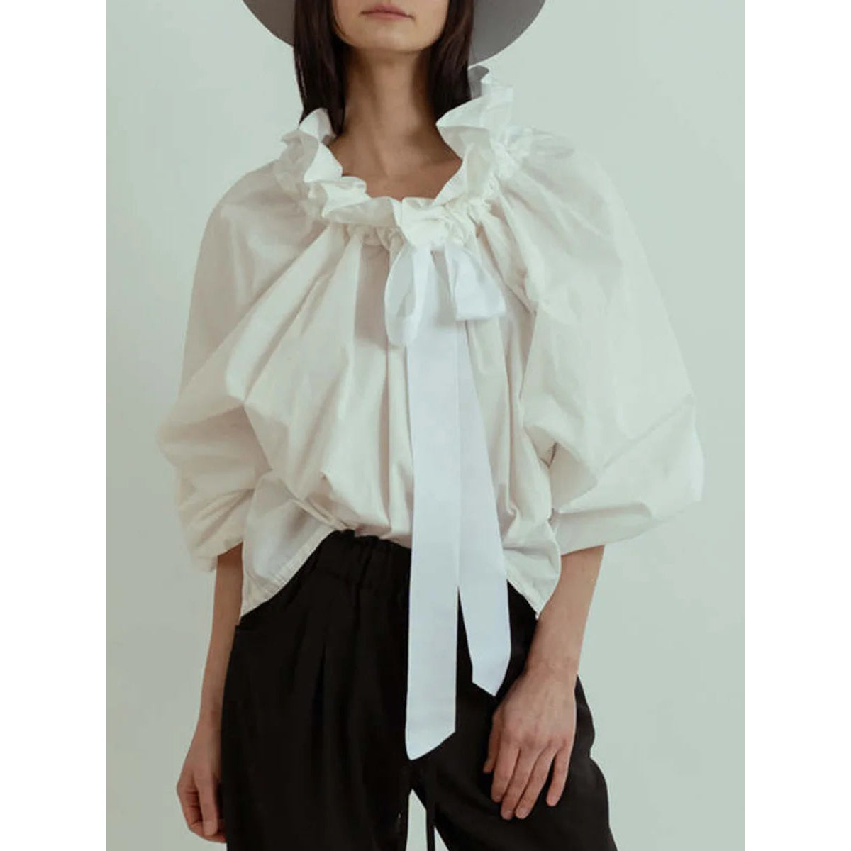 Oversized Cotton Blouse with Ruffled Collar and Bow Tie Women's Chic 6