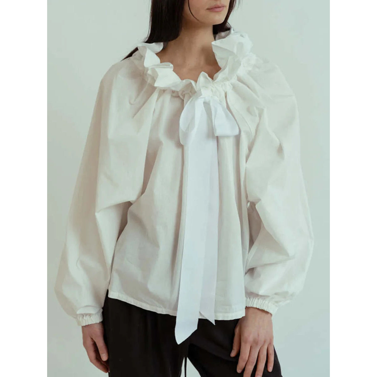 Oversized Cotton Blouse with Ruffled Collar and Bow Tie Women's Chic 7