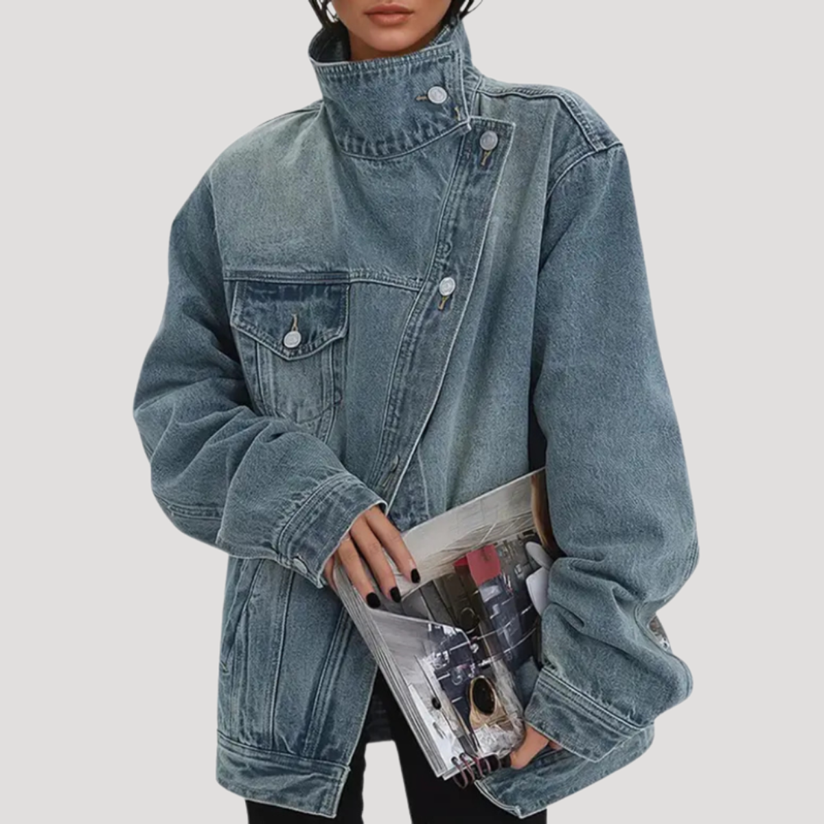 Oversized Denim Jacket Women Vintage Wash Casual Chic Style 0