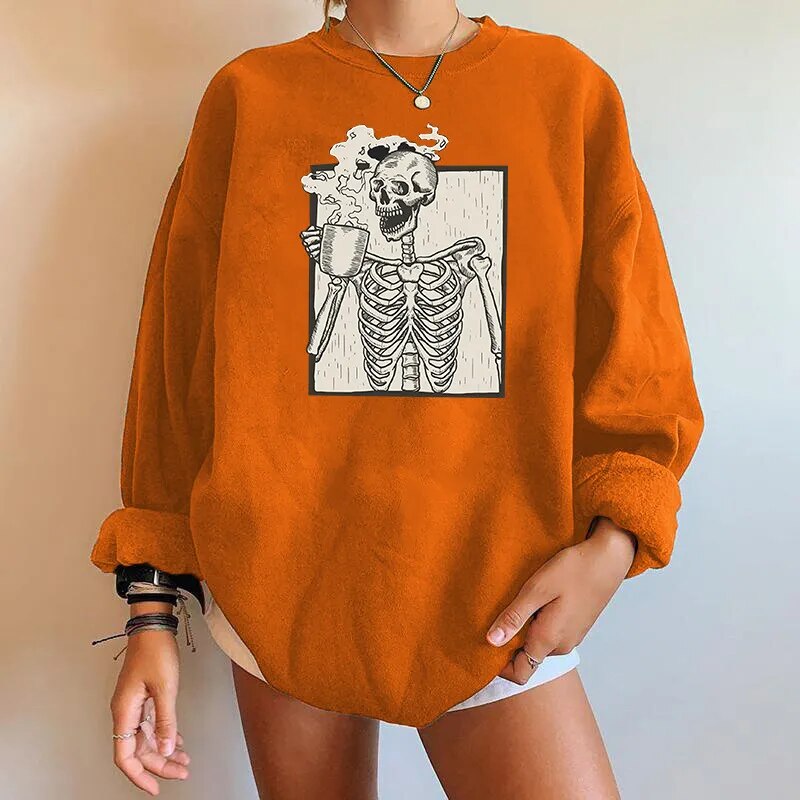 Oversized Sweatshirt Women Skeleton Graphic Casual Chic Autumn Style 0