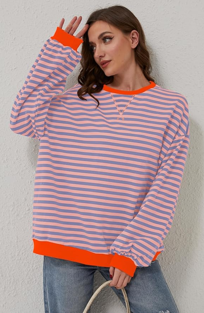 Oversized Sweatshirt Women Striped Casual Chic Design Soft Fabric 9
