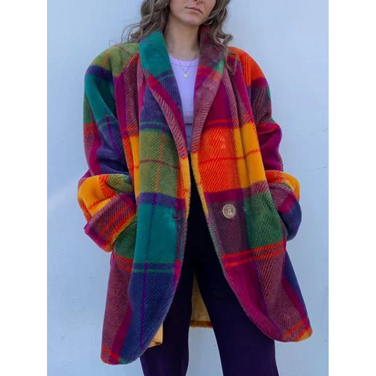 Oversized Winter Plaid Coat Women Elegant Long Cut Casual Chic 0