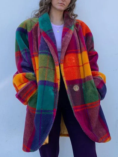 Oversized Winter Plaid Coat Women Elegant Long Cut Casual Chic 0