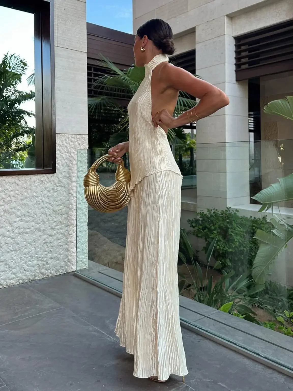 Pleated Set Women's Two Piece Sets Halter Neckline Wide-Leg Chic 1