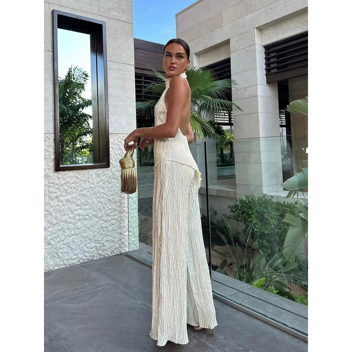 Pleated Set Women's Two Piece Sets Halter Neckline Wide-Leg Chic 2
