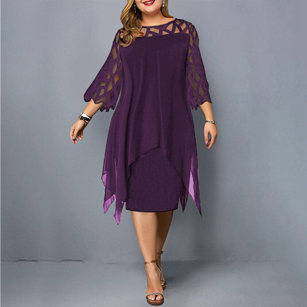 Plus Size Midi Dress Elegant Round Neck Lace Sleeves for Women 1