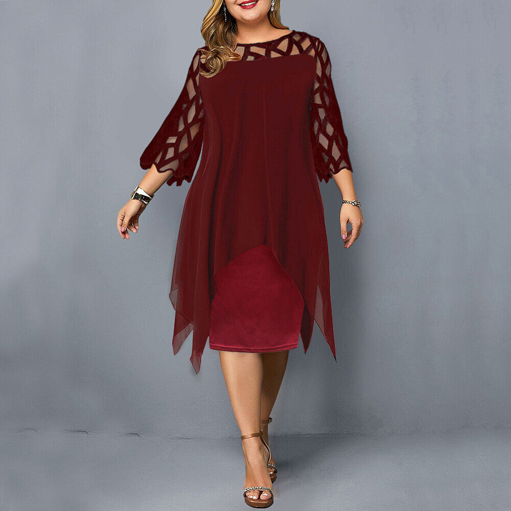 Plus Size Midi Dress Elegant Round Neck Lace Sleeves for Women 2