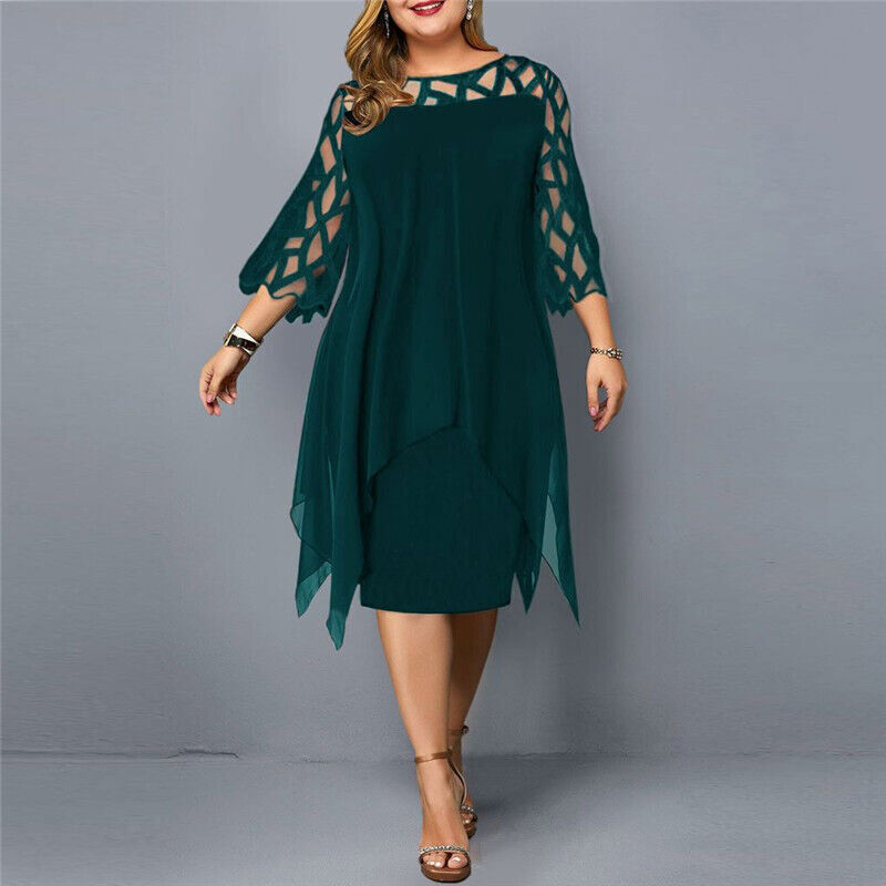 Plus Size Midi Dress Elegant Round Neck Lace Sleeves for Women 4
