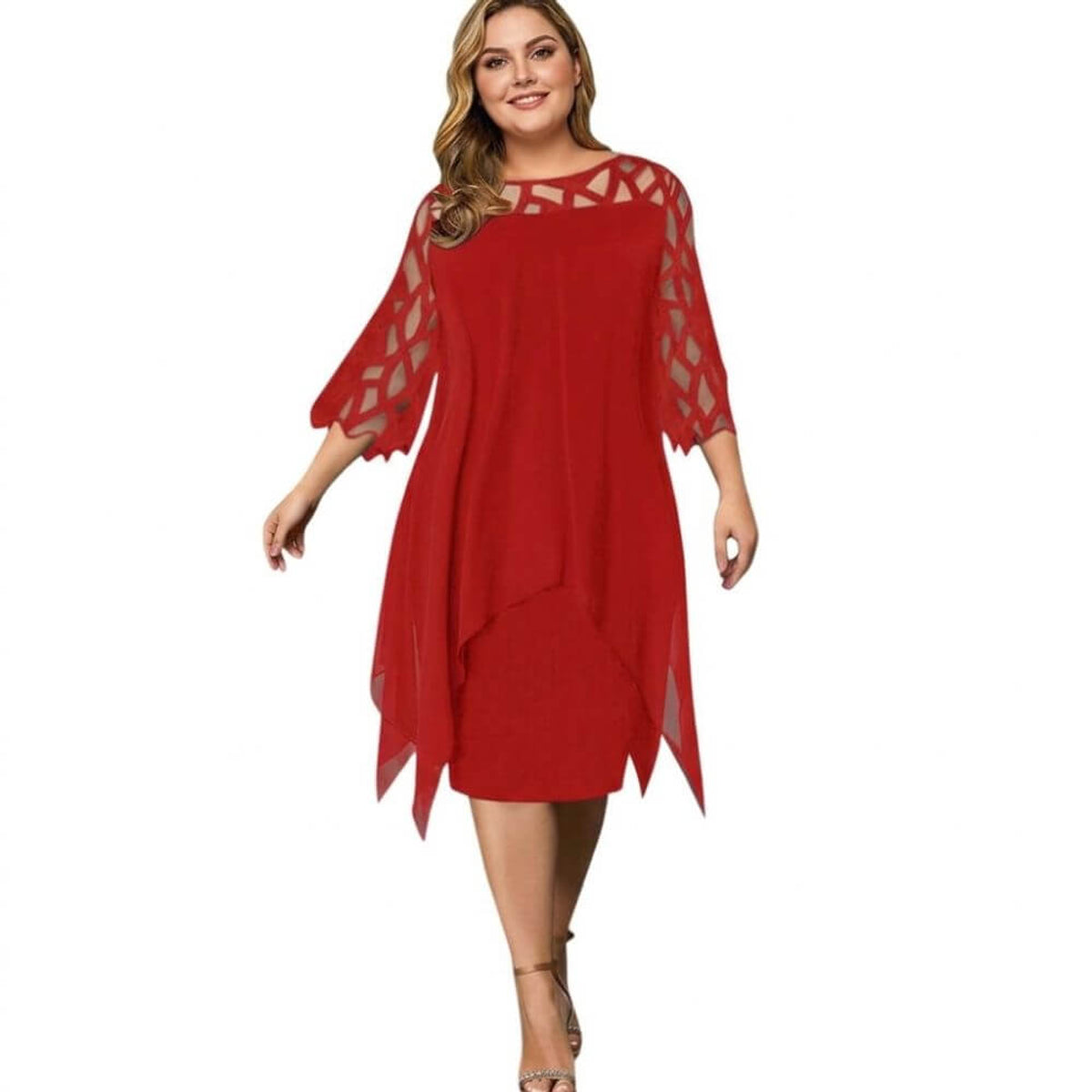 Midi-Kleid in Übergröße mit elegantem Rundhalsausschnitt und Spitzenärmeln für Damen