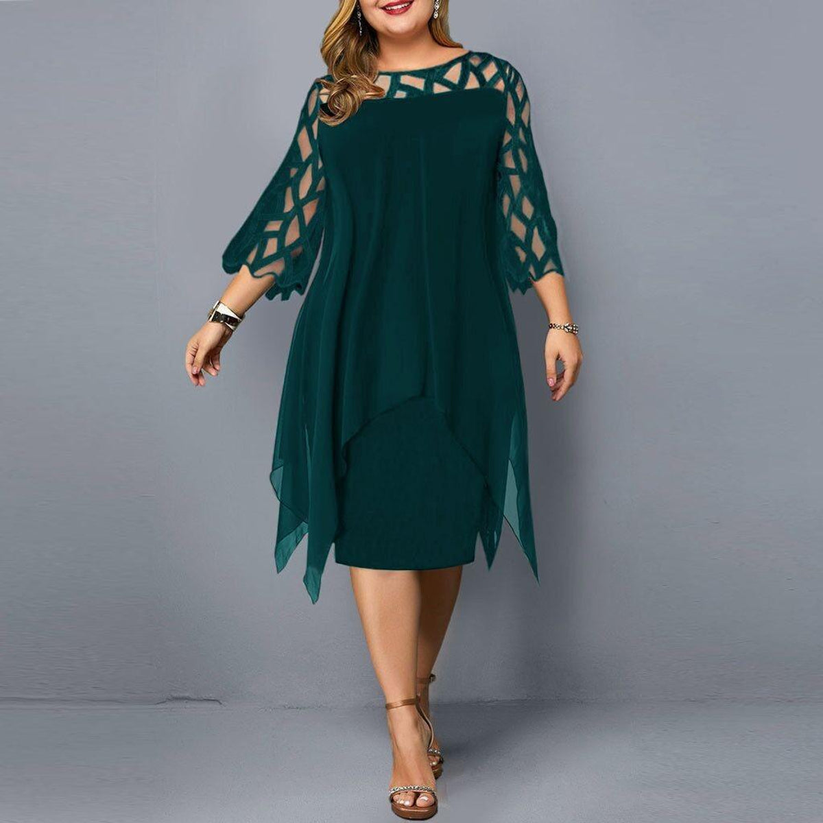 Midi-Kleid in Übergröße mit elegantem Rundhalsausschnitt und Spitzenärmeln für Damen
