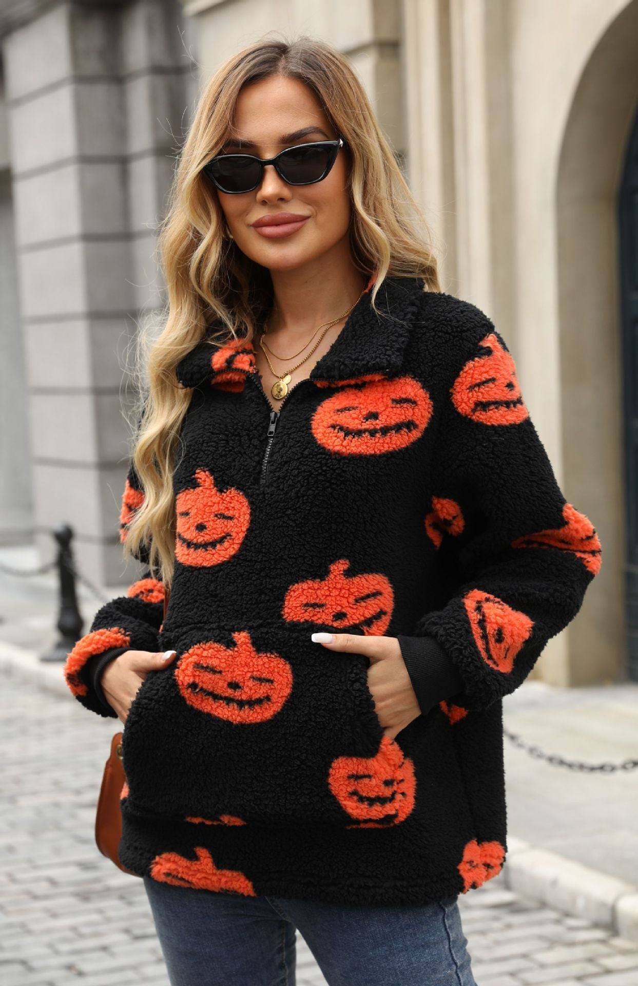 Plush Sweater Women Halloween Motif with Practical Pockets 0