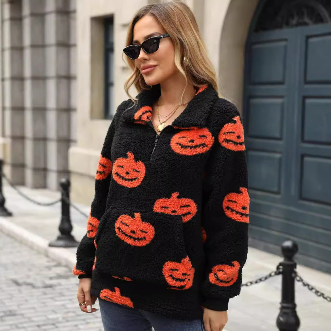 Plush Sweater Women Halloween Motif with Practical Pockets 3