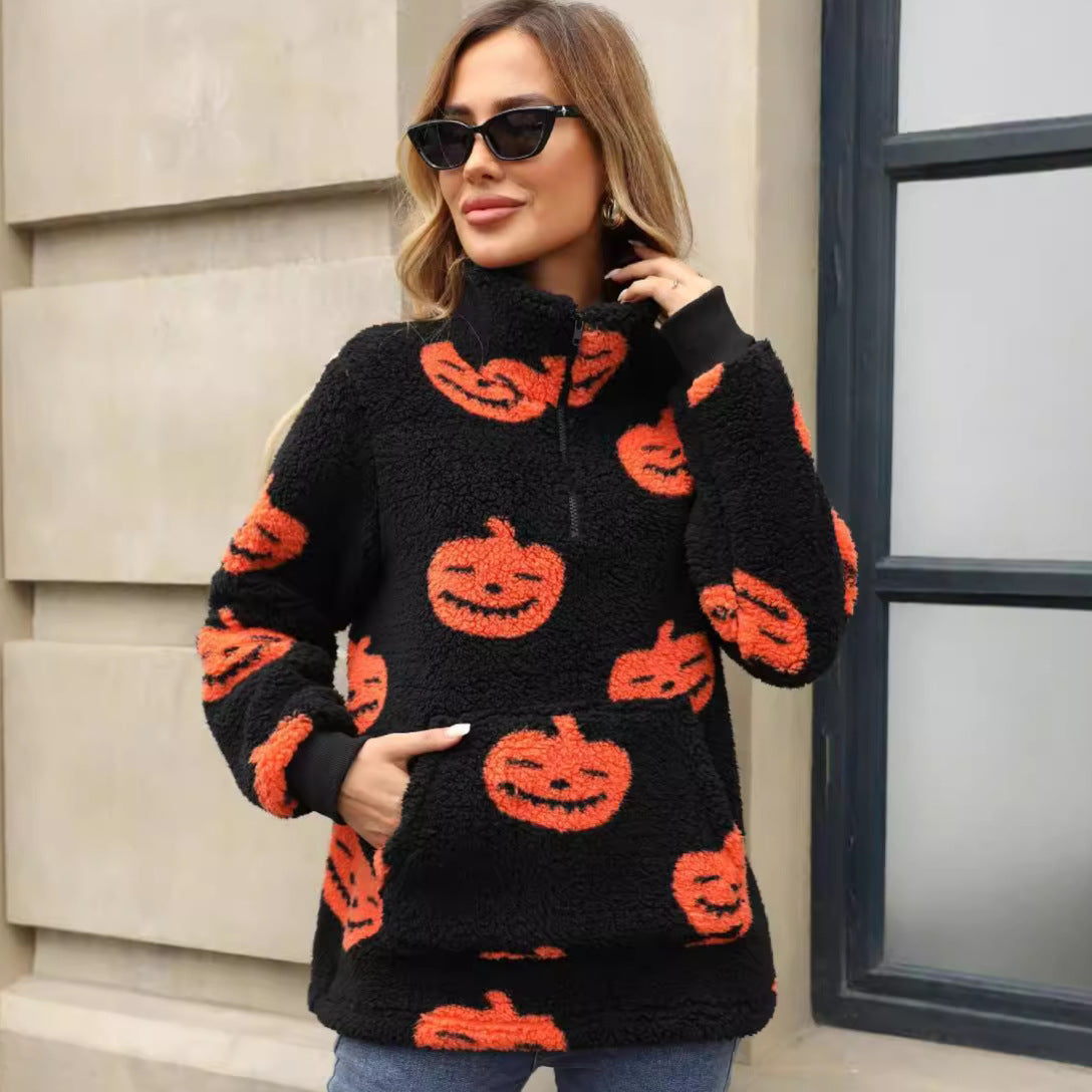 Plush Sweater Women Halloween Motif with Practical Pockets 4
