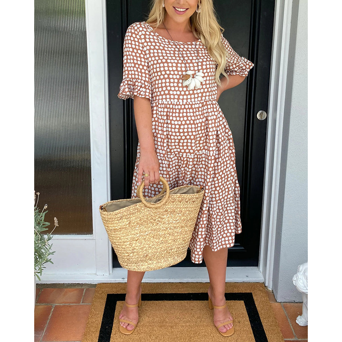 Polka Dot Print Midi Dress Casual A-Line Spring Summer 0