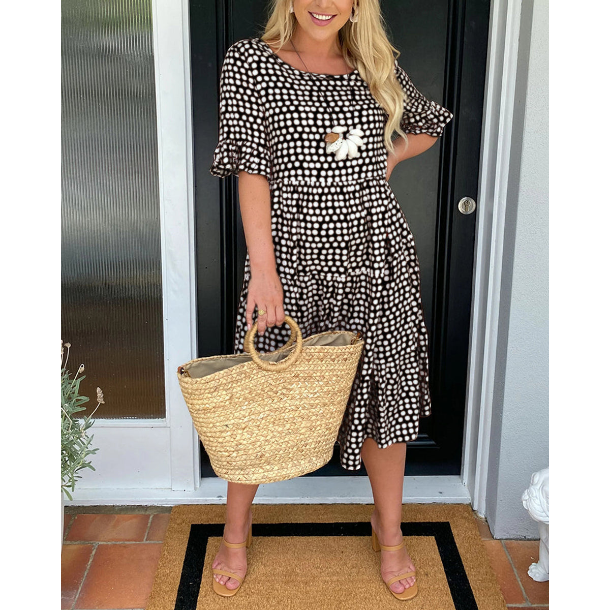 Polka Dot Print Midi Dress Casual A-Line Spring Summer 10